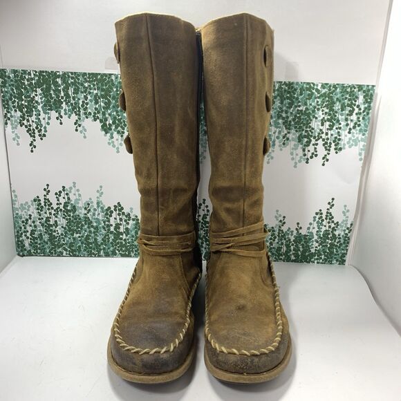 BORN Distressed Brown Leather Zippered Moccasin Tall Boots Size 9 US Women’s - Picture 7 of 16